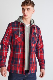 Red/Navy Blue Hooded Check Shacket (104277) | £58