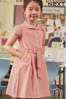 Red Cotton Rich Belted Gingham School Dress With Scrunchie (3-14yrs) (105911) | £10 - £14