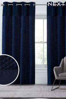 Navy Velvet Quilted Hamilton Top Panel Eyelet Lined Curtains
