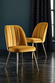 Set of 2 Opulent Velvet Ochre Yellow Stella Gold Finish Leg Dining Chairs