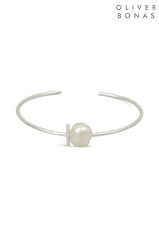 Oliver Bonas Silver Almeta Pearl & Bar Silver Plated Brass And Ecoat Bangle
