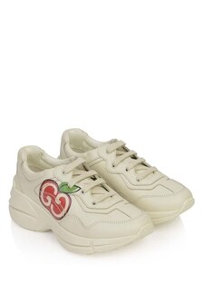 GUCCI Kids Ivory Leather Apple Print Rhyton Trainers