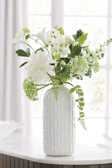 White Artificial Floral Mix In Ceramic Vase