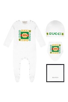 GUCCI Kids Baby Grey Cotton Babygrow, Bib And Hat Gift Set