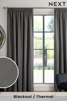 Charcoal Grey Cotton Pencil Pleat Blackout/Thermal Curtains (157472) | £40 - £95