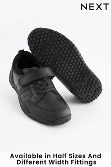 Black Standard Fit (F) School Leather Elastic Lace Shoes (176769) | £30 - £38