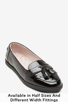 Black Wide Fit (G) School Leather Tassel Loafers (185952) | £32 - £41
