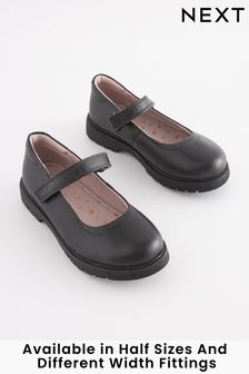 Black Standard Fit (F) School Leather Chunky Mary Jane Shoes (187241) | £30 - £39