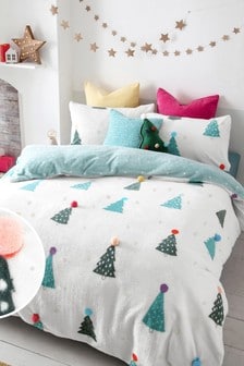 Multi 3D Pom Pom Christmas Trees Fleece Duvet Cover and Pillowcase Set