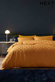Ochre Yellow Embossed Geometric Duvet Cover And Pillowcase Set
