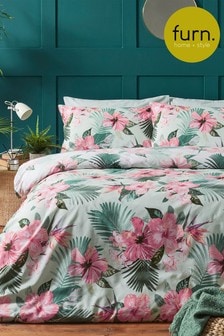 furn. Green/Pink Hibiscus Flower Reversible Duvet Cover and Pillowcase Set