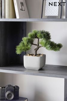Green Artificial Bonsai Tree In Grey Pot