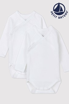 Petit Bateau White Iconic Rib Long Sleeve Bodysuits Two Pack