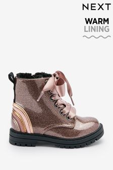 Rose Gold Pink Standard Fit (F) Warm Lined Lace-Up Boots (202778) | £25 - £29