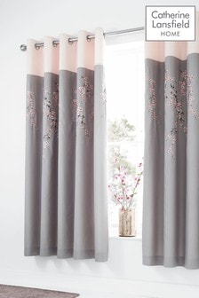 Catherine Lansfield Pink Embroidered Blossom Eyelet Curtains