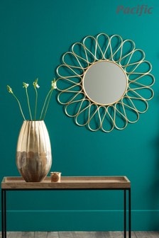 Antique Gold Metal Petal Design Round Wall Mirror by Pacific