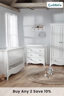 Clara 3 piece White Nursery Furniture Set - Cot Bed, Dresser & Wardrobe By Cuddleco