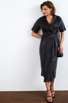 Black PU Faux Leather Midi Wrap Dress (216127) | £48