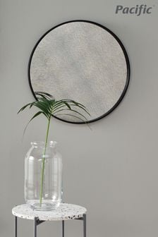 Matt Black Wood Round Mirror With Foxed Glass Wall Mirror by Pacific