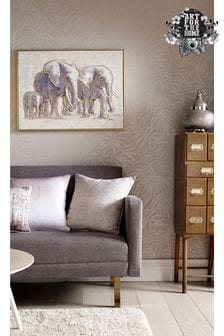 Art For The Home Natural Metallic Elephant Family Hand Painted Framed Canvas