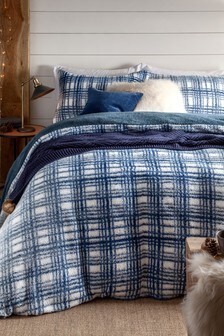 Blue Snuggle Fleece Marl Checked Duvet Cover and Pillowcase Set