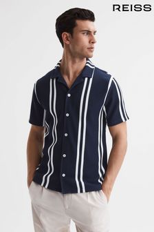 Reiss Navy/White Castle Slim Fit Ribbed Cuban Collar Shirt (230742) | £88