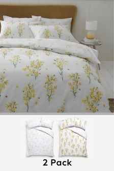 2 Pack Ochre Yellow Bee Happy Floral Duvet Cover And Pillowcase Set