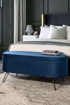Opulent Velvet Navy Blue Storage Upholstered Ottoman Bench