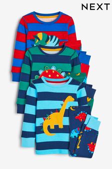 Blue/Red/Green Stripe Dino 3 Pack Snuggle Pyjamas (9mths-12yrs) (239511) | £29 - £35