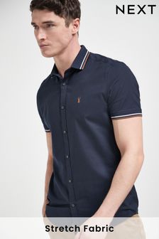 Navy Blue Stretch Oxford Tipped Collar Short Sleeve Shirt (239531) | £25