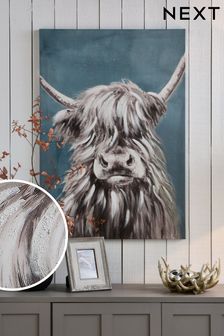 Teal Blue Large Highland Cow Canvas Wall Art