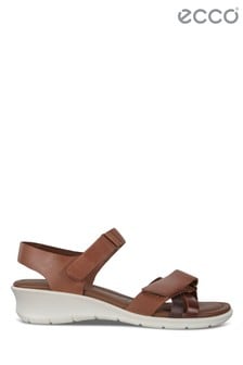 ECCO® Felicia Brown Sandal Leather Velcro Low Wedge Sandals (250214) | £100