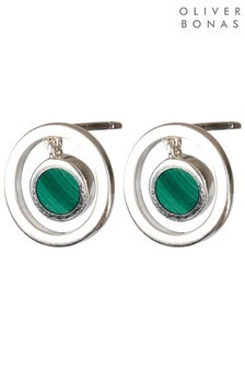 Oliver Bonas Green Clancy Circle Stone Drop Silver Stud Earrings