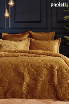 Paoletti Gold Palmeria Quilted Velvet Duvet Cover and Oxford Border Pillowcase Set