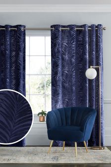 Navy Blue Cut Velvet Palm Leaf Eyelet Lined Curtains