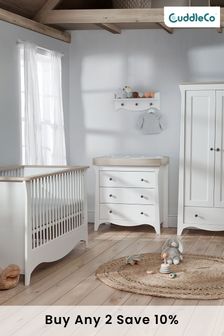 Clara 3 piece White & Ash Nursery Furniture Set - Cot Bed, Dresser & Wardrobe By Cuddleco