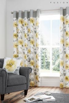 Fusion Yellow Adriana Floral Lined Eyelet Curtains