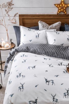 Blue 100% Brushed Cotton Stags Duvet Cover and Pillowcase Set