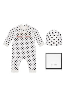 GUCCI Kids Baby White Cotton Polka Dots Vintage Logo Babygrow And Hat Gift Set