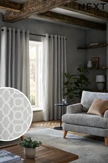 Light Silver Grey Woven Geo Eyelet Lined Curtains