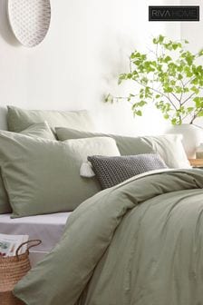 The Linen Yard Sage Green Stonehouse Washed Cotton Linen Look Duvet Cover And Pillowcase Set