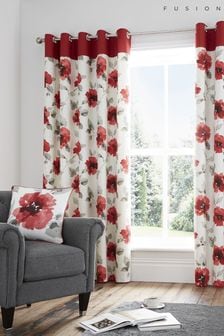Fusion Red Adriana Floral Lined Eyelet Curtains