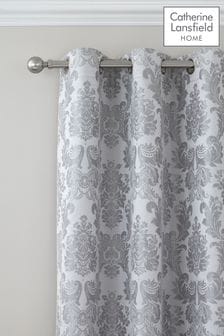 Catherine Lansfield Silver Damask Jacquard Lined Eyelet Curtains