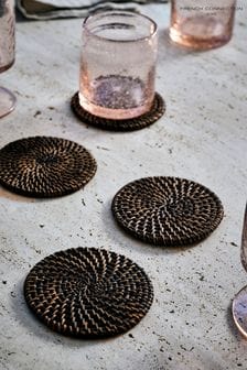 French Connection Black Rattan Hand Woven Set of 4 Coasters
