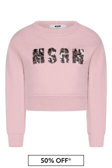 MSGM Girls Pink Cotton Cropped Leopard Logo Sweatshirt