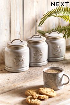 Set of 3 Stone Embossed Badge Country Kitchen Storage Jars