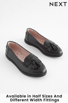 Black Narrow Fit (E) School Leather Tassel Loafers (300939) | £32 - £41