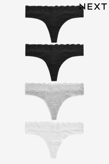 Monochrome Thong Lace Trim Cotton Blend Knickers 4 Pack (301343) | £14