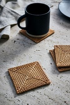 French Connection Natural Rattan Hand Woven Set of 4 Coasters
