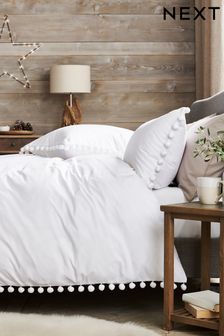 White Pom Pom Duvet Cover And Pillowcase Set